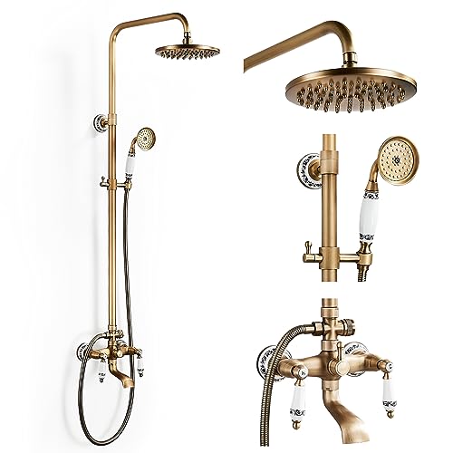 SINKTORY Duschsystem Antik Messing Duscharmatur Set Retro Gold Duschset, Vintage Keramik Stil Regenduschset mit 8" Regendusche, Handbrause Kopf, Badewanne Auslauf, Höhenverstellbar 70~120cm