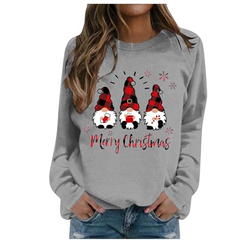 2026 Sudadera casual de manga larga con cuello redondo y estampado navideño para mujer, gris, 3XL