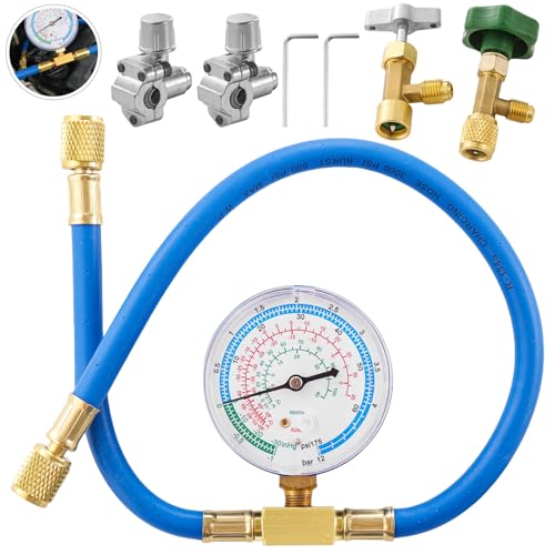 Otolyle R290 and R600A Charging Manifold Hose Kit with Self-Sealing Can Tap 7/16 to 1/4 Punture Can Opener 1/2 RH Acme to 1/4 with Bullet Piercing Valves