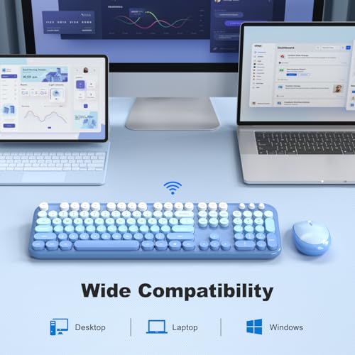 Image of KNOWSQT Wireless Keyboard Mouse Combo - Lovely Blue-Gradient Rainbow Full-Sized Typewriter Colorful Keyboards, Round Keycap Plug Play Retro Cute Keyboards for Windows, Laptop, PC, Desktop, Computer