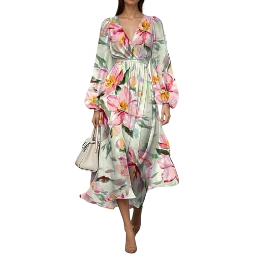 Womens Flowy Cute Chiffon Floral Long Puff Sleeve Dresses Summer Casual Elegant Empire Waist V-Neck Maxi Dress