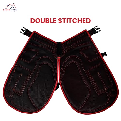 Image of Equine Care Farrier Apron Chaps 2mm Cowhide Leather, 500 GSM Canvas, Air-Mesh, 25 inch Length, Adjustable Waist (28 inch-52 inch), Ergonomic Foam-Padded Thigh & Back Support, 4 Knife Pockets, 2 Nail Magnets.