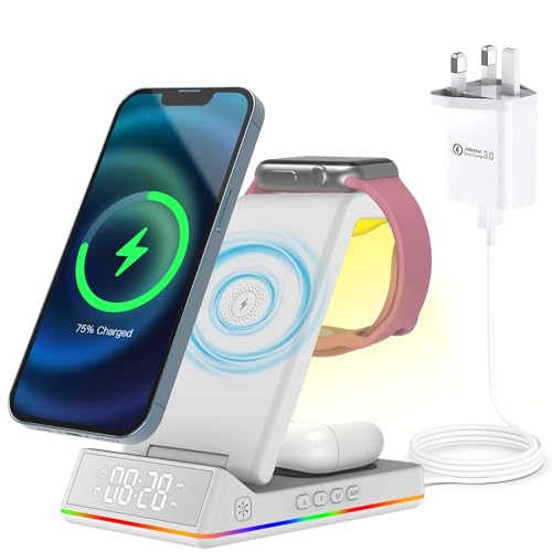 PINRUIGE Wireless Charger with Alarm Clock and Night Light, 5 in 1 Wireless Charging Station Wireless Charging Stand Compatible with i-Phone 15/14/13/12/11/8 Series, iWatch Series, Air-pod Pro/3/2