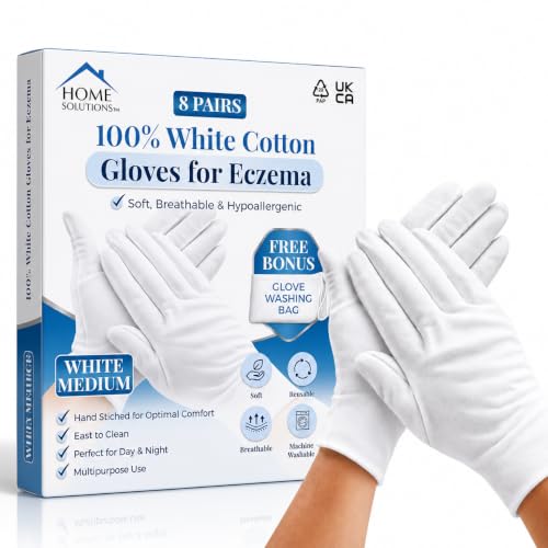 Cotton Gloves for Eczema White Cotton Gloves for Dry Hands Moisturising Gloves Hand Moisturising Gloves Eczema Gloves for Men & Women Overnight Moisture Gloves 8 Pairs with Wash Bag. (Medium)
