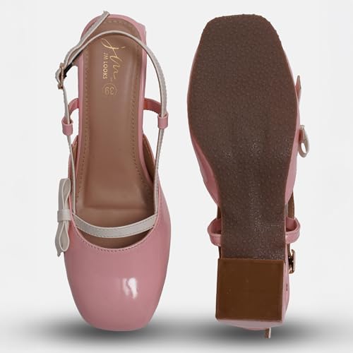 Image of JM LOOKS Women's Glossy Buckle Strap Mary Jane Block Heel with Bow Detail