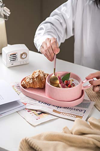 Set Of 2 Large 16 Oz Porcelain Jumbo Soup Bowl, Coffee/Tea Cup And Cereal Mug With Saucer, Mug Cake, Soup Cup With Extra-Large Saucer, Large Capacity Cereal Mug With Large Handle Dorm (Pink) #TOP6