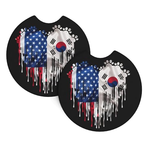 Lot De 2 De Verre Universels Corée du Sud Cœurs Américains Drapeau Sud-Coréen Lot De 2 Tapis De Porte-Gobelet Absorbant Isole Tasse De Verre, pour Tous Les Véhicules, 6.9cm