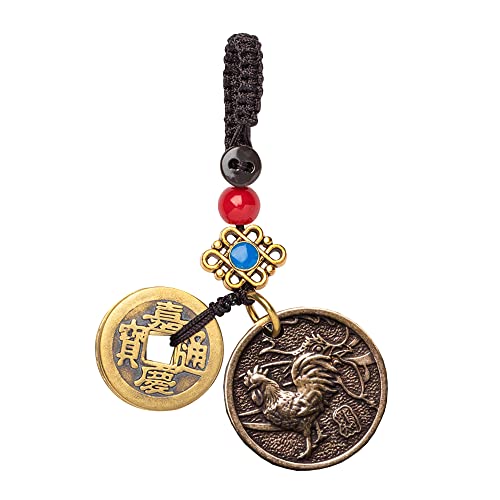 Luxury Money Bag Good Luck Keychain with Fortune Coins/Window or Car Decor Ornament Key Ring/Symbolizing Success Longevity (Chicken)