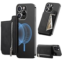 Fofvccv Magnetic Wallet mit Ständer, Kompatibel mit MagSafe Premium Vegan Leather Phone Wallet mit Reißverschluss & RFID-Schutz Magnetisches Kartenetui für iPhone 17 16 15 Serie Black