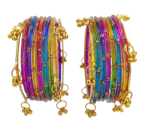 Image of NMII Viral Multi Colour Glass Bangles with Golden Ghungroo Charms & Stone Work For Women & Girls | Fancy Designer Glass Bangle | Traditional Chudi | Kanch Ki Churi | Stylish Ghungroo Bangle For Women