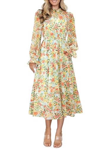 ANRABESS Womens Fall Vacation Guest Dress 2025 Long Sleeve Mock Neck Mesh Floral Boho Flowy Casual Tea Party Midi Dresses Floral Orange Medium