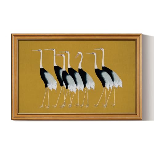 Image of HUARCEY Gold Framed Vintage Wall Art for Living Room, Animals Painting Prints Shelf Decor for Kitchen, Aesthetic Bedroom Wall Art Decor, Christmas Gifts for Friends or Family (Seven Cranes 16 inchx24 inch)