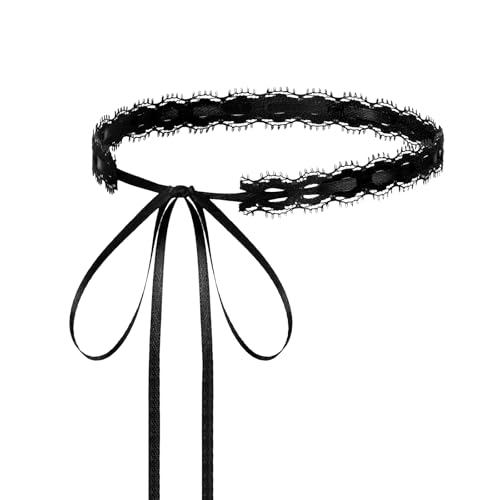 InnoHHustle Vintage Hollow Lace Choker Necklace 2 PCS Black Tulle Lace Necklaces Long Satin Tail Tie Up Choker Necklaces Bow Tie Up Necklace for Striking Gothic Knot Prom Trendy Accessory Gifts