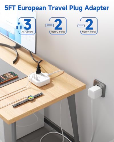 Image of European Travel Plug Adapter - Multi Country Outlet Adapter with 3 AC Outlets & 4 USB(2USB-C)4.2A, 5ft Universal Power Cord, Worldwide Outlet Charger for Europe EU Germany France, Type A /C /G /I, Travel