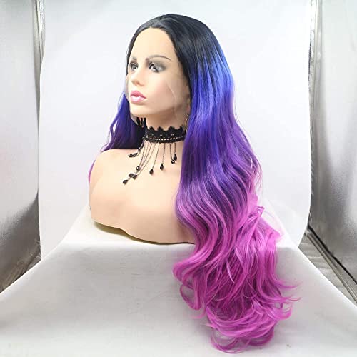Colour Blue Ombre Dark Purple Rose Red Synthetic Lace Front Wigs for Women 4 Tone Color Heat Resistant Party Cosplay Drag Queen Wigs (Colour Blue Ombre Dark Purple Rose Red) - Image 4