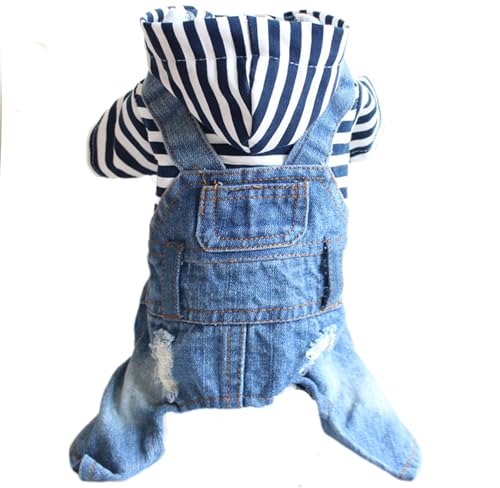 JPETTO犬服 デニム つなぎ ロンパース 犬の服 パーカー ドッグウェア 春秋冬 ボーダー 四つ足の服 小中型犬 おしゃれ ペット洋服 可愛い お散歩お出かけ服 抜け毛防止25-NZST01#-F-#M