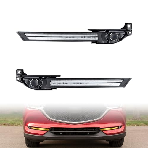 amopacorp LED DRL Fog Lamp w/Bracket for Mazda 2017 2018 2019 2020 2021 CX-5 CX5 Daytime Running Light w/Dynamic Sequential Turn Signal for Mazda, White/Amber, Left & Right KB8B50C21C KB8B50C11C
