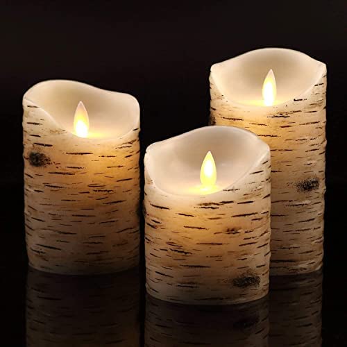 Flameless Candles Flickering Candles Birch Bark Set of 4 5" 6" Battery Candles Real Wax Pillar with Remote Timer