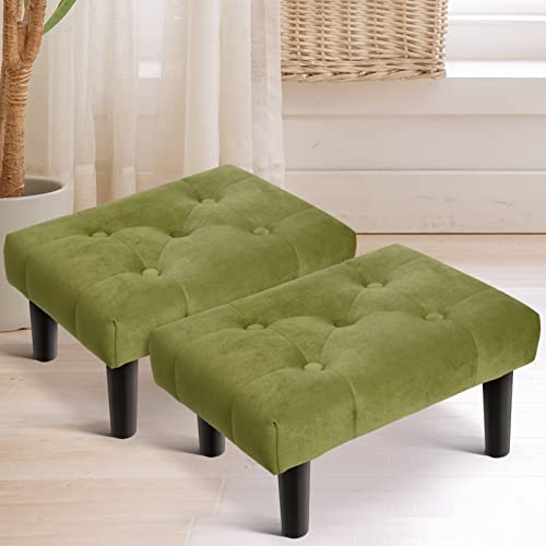 Image of HOUCHICS Small Footstool Ottoman,Velvet Soft Footrest Ottoman with Wood Legs,Sofa Footrest Extra Seating for Living Room Entryway Office(Green 2PACK)