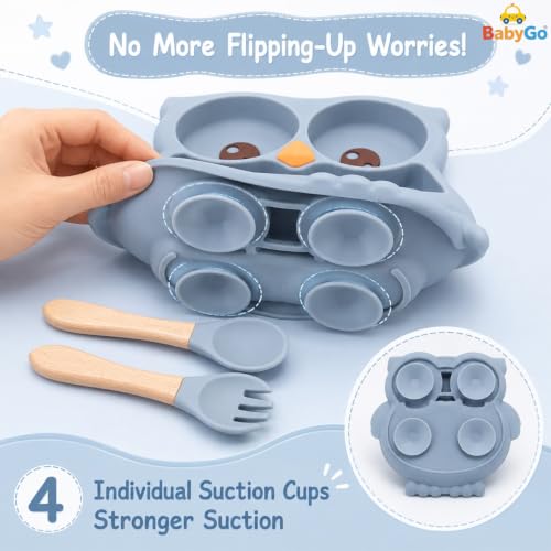 Image of BabyGo Silicone Suction Plate for Babies & Toddlers | 3-Section Owl-Shaped Feeding Set | Strong Suction Cups | BPA-Free, Microwave Safe | Self-Feeding| 1 Plate & 2 Spoons | Blue