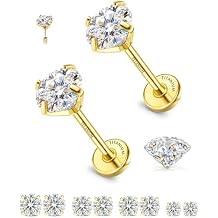 GEMQUEEN 8 PCS Moissanite & Implant Grade G23 Titanium Nose Studs Flat Back Earrings Hypoallergenic 14K Gold Plated Nose Rings 20G Push in Threadless Cartilage Helix Piercing Jewelry for Women Men