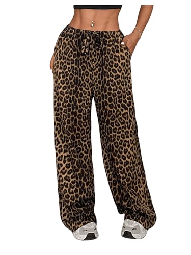 Floerns Women's Drawstring Waist Leopard Print Trousers Tie Front
