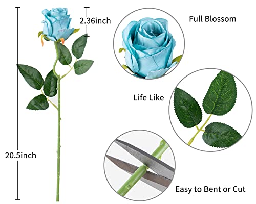 DuHouse 10pcs Artificial Silk Roses Flowers Single Long Stem Fake Rose Bouquet for Wedding Home Party Decoration Centerpieces(Blue) - Image 3
