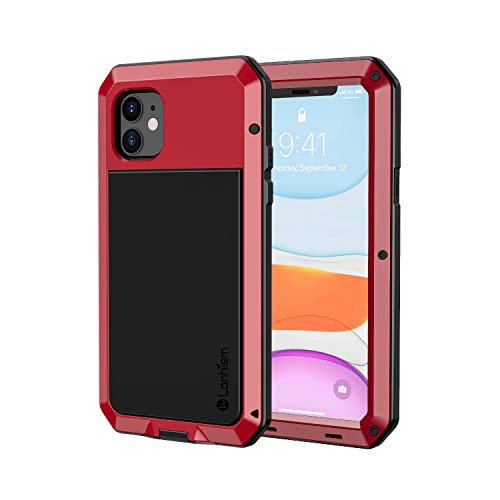 Lanhiem iPhone 11 Case, Heavy Duty Shockproof Tough Armour Metal Case with [Tempered Glass Screen Film], 360 Full Body Protective Case Cover for iPhone 11 -Red