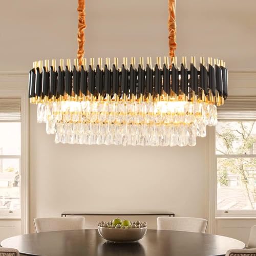 Image of Luxurious 800X300mm Black Gold Modern Chandelier with K9 Crystals | Warm White, Moonlight & Golden Light | Ceiling Hanging Light for Living Room, Dining Room, Bedroom, Hallway