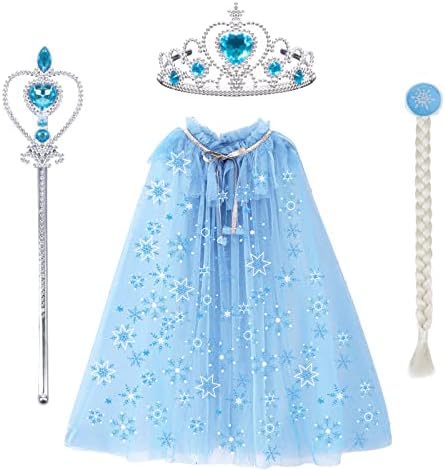 Landifor 4pcs Princess Cape Set Blue Snowflake Tulle Cape Elsa Dress up Cloak Elsa Sparkling Sequins Cape with Wand Tiara Wig for Daughter Girl Winter Wonderland Frozen Theme Party World Book Day