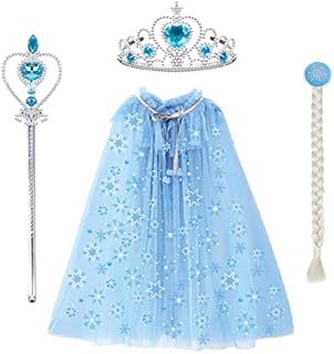 Landifor 4pcs Princess Cape Set Blue Snowflake Tulle Cape Elsa Dress up Cloak Elsa Sparkling Sequins Cape with Wand Tiara Wig for Daughter Girl Winter Wonderland Frozen Theme Party World Book Day