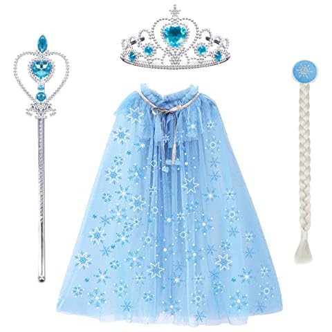 Landifor 4pcs Princess Cape Set Blue Snowflake Tulle Cape Elsa Dress up Cloak Elsa Sparkling Sequins Cape with Wand Tiara Wig for Daughter Girl Winter Wonderland Frozen Theme Party Cover