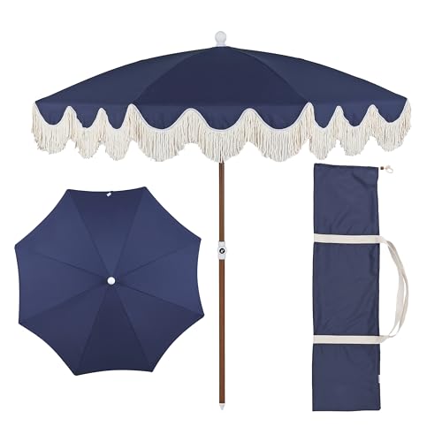 JONATHAN Y Mariner 6.5 ft. Beach Umbrella, Navy Solid with Fringe, Push-Button Tilt, UPF 50+ Sun Protection and Carrying Bag for Patio and Pool, Dark Brown Wood-Finish Pole UMB1005I