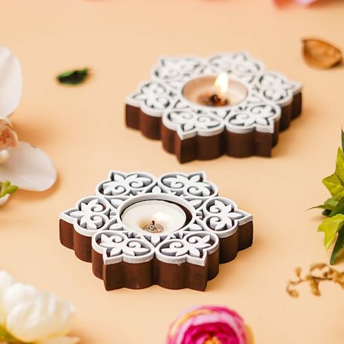 Image of eCraftIndia Set of 2 White Brown Wooden Floral Printing Block Decorative Tea Light Candle Holders, Diya Stands | Tea Light Holders | Christmas Diwali Decoration Items for Home Decor