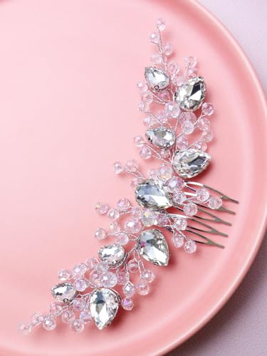 Brihasory Bride Wedding Hair Comb Rhinestone Bridal Hair Accessories Flower Hair Piece Party Prom Valentine Day Side Comb Crystal Hair Clips for Women and Girls Hair Decoration(Silver)
