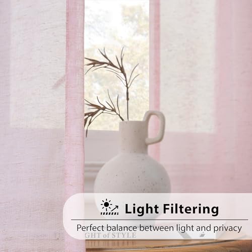 Image of FMFUNCTEX Linen Sheer Curtains for Bedroom, Pink Curtains 96 inches Long for Living Room, Blush Pink Farmhouse French Flax Blend Window Draperies, Rod Pocket 2 Panels Set