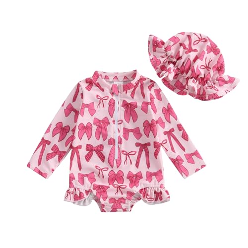 Image of Tollder Girl Rash Guard Swimwear One Piece Long Sleeve Floral Ruffle Zipper Bikini Swimsuit Bathing Suit Beachwear (Ac Pink, 3-6 Months)