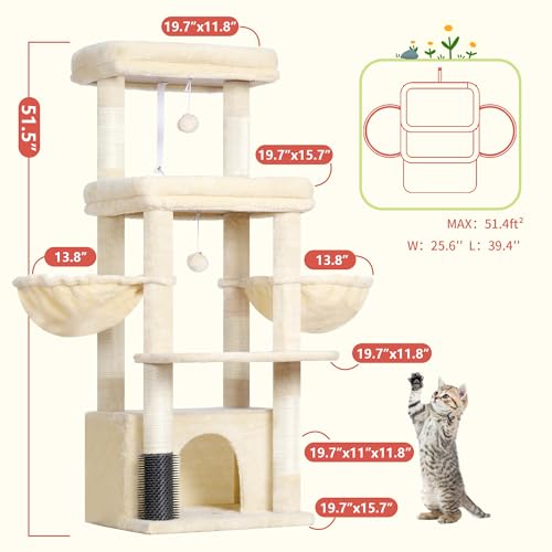 Image of Hey-brother Cat Tree Tower, Scratching Posts with Extra Large Platform, Specious Condo, 2 Cozy Hammocks, Self-Grooming Brush for Indoor Adult Cats, Maine Coon 51.1 inches, Beige MPJ070M