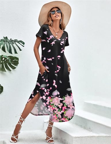Image of Ekouaer Long Nightgowns for Women Short Sleeve House Dress with Pockets V Neck Sleepshirts Side Split Sleepwear S-4XL