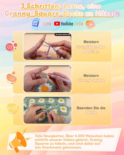 كوباي مجموعة كروشيه مربعة للمبتدئين من جراني، مجموعة كروشيه لبطانية ديزي، مجموعة كروشيه كاملة مع خطاف كروشيه، خيوط كروشيه، مجموعة كروشيه مع تعليمات فيديو خطوة بخطوة، تعلم الكروشيه