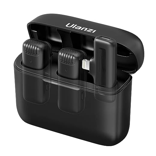 [Somente para iPhone iPad] ULANZI Microfone Lavalier sem fio J12 para iPhone iPad, microfone 2 em 1 Plug-Play com capa de carregamento para telefone, gravação de vídeo, entrevistas