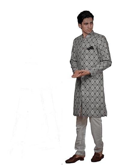 Image of Amzira Men's Soft Cotton Indo Western Kurta Pyjama Set with Mandarin Collared Neck Long Sleeves Button Closure and Solid Pant