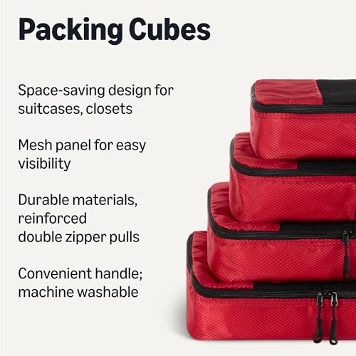 Amazon Essentials 4-Piece Packing Cubes Travel Accessories Set, Luggage Organizer with Double Zipper, Mesh Top, Space-Saving, Medium, Red (Previously Amazon Basics) - Image 3