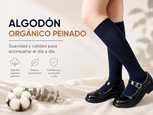 Miniatura 3 de Cys Calcetines 6 Pares De Colegio Escolares Medias Largos Altos Algodón Hasta La Rodilla Lisos Para Niñas Niños Infantiles Unisex Talla 39-41, Azul Marino