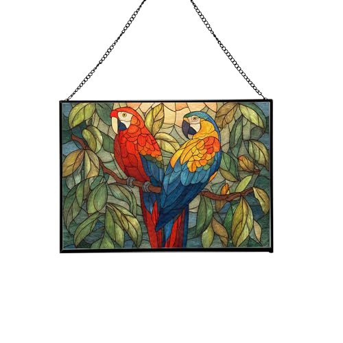Colorful Parrots in Jungle Canopy Rectangular Stained Glass Suncatcher – Hanging Window Panel with Animal & Nature Scene – Vibrant Glass Art Gift for Wildlife, Fantasy, Nature Lovers sM7YJz