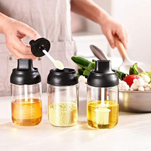 Seasoning Box Set of 3 Spice Jars 8.45 oz Salt Sugar Honey Glass Condiment Pots Transparent Storage Container Sealed against moisture (Black)