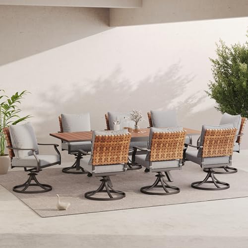 Image of Grand patio 9-Piece Outdoor Dining Set, 8 Leather-Look Wicker Swivel Patio Chairs & 1 Extendable Rectangular Dining Table, Brown