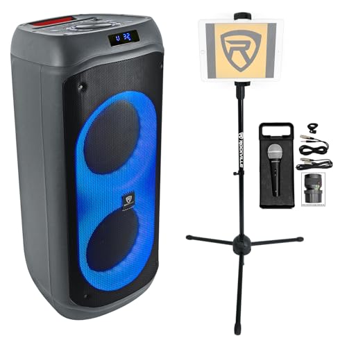 Rockville BASS Party 8 Bundle: Dual 8 in Portable Battery Powered Bluetooth LED Karaoke Speaker, RMC-XLR Wired Microphone with Cables, iStand 20 Tablet/Smartphone Tripod Stand, 3-Items