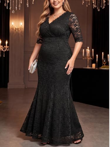 Image of Pinup Fashion Plus Size Formal Evening Dress Wedding Guest Bridal Gowns | Floral lace, wrap v-neck, 3 /4 sleeves, empire waist, mermaid floor length, side zipper