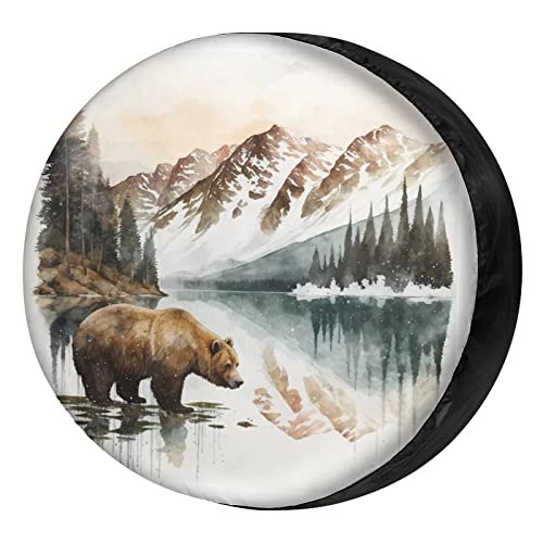 Delerain Bear with Mountain Spare Tire Cover with Backup Camera Hole Wheel Protectors Sun Protector Waterproof for RV Trailer RV SUV Truck and Many Vehicle(16 Inch for Diameter 29